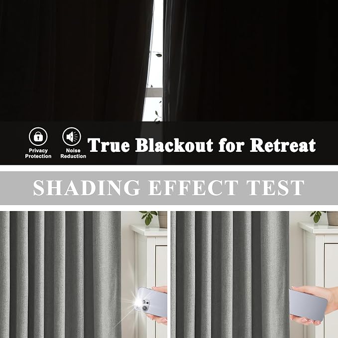 Vision Home Pinch Pleated Dark Grey Blackout Curtains 108 inch Linen Blended Room Darkening Drapes with Thermal Insulation & Back Tab Hooks for Bedroom Living Room, 40" Wx108 L 2 Panels