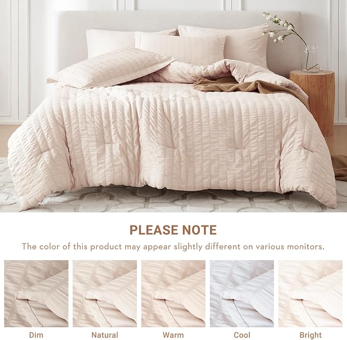 7 Pieces Oversized Queen Comforter Set, Seersucker Bed in a Bag Oversized Queen Size, All Season Luxury Bedding Set with Comforter, Flat Sheet, Fitted Sheet, Pillowcases & Shams, Beige
