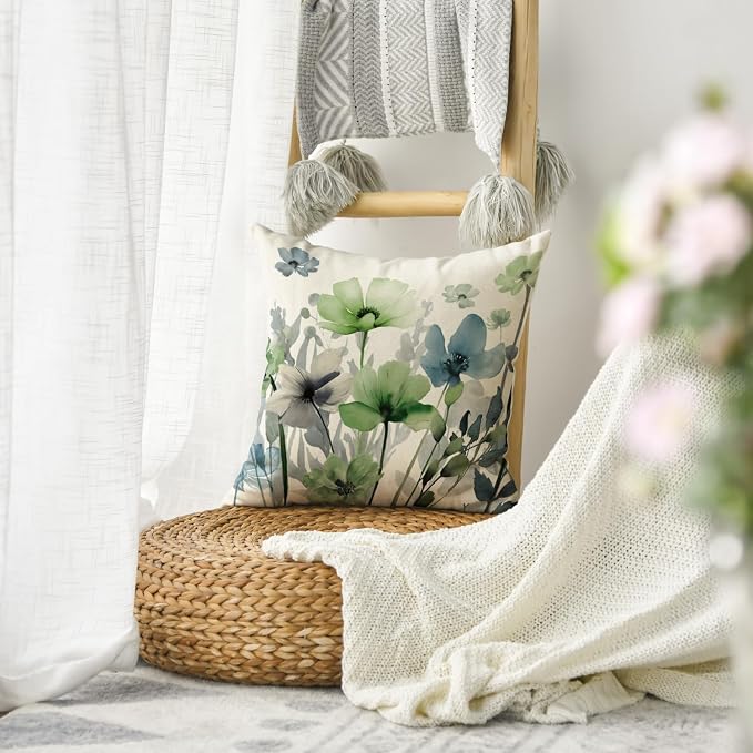 AVOIN colorlife Poppy Flowers Chinoiserie Throw Pillow Cover 18x18 Inch | Blue Sage Green Seasonal Leaves Cushion Case Decoration for Sofa Couch Farmhouse