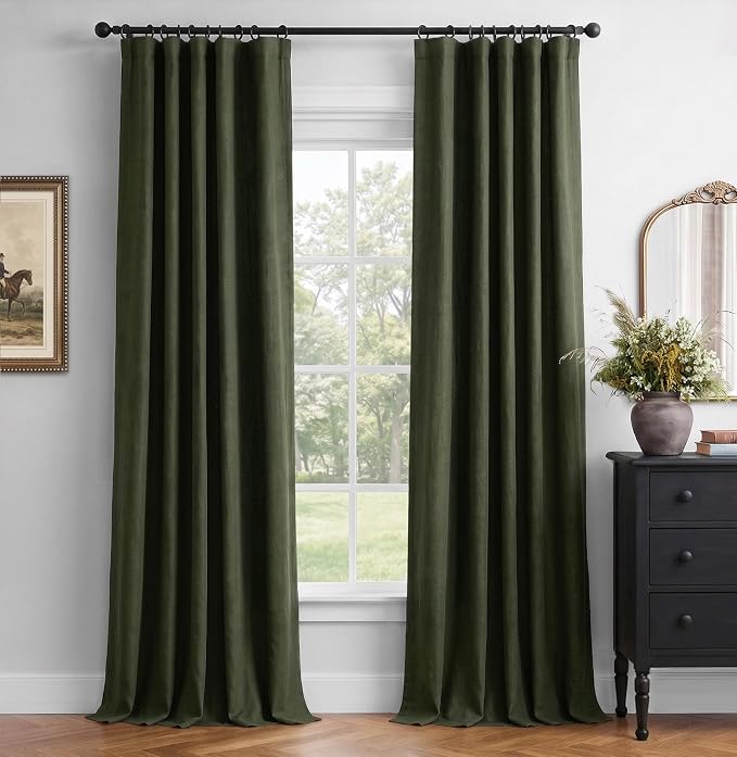INOVADAY 100% Blackout Curtains for Bedroom Black Out Curtains 84 Inch Long | Loden Green Curtains for Living Room 2 Panel, Clip Rings Linen Look Blackout Drapes, Thermal Insulated Room Darkening,W50xL84