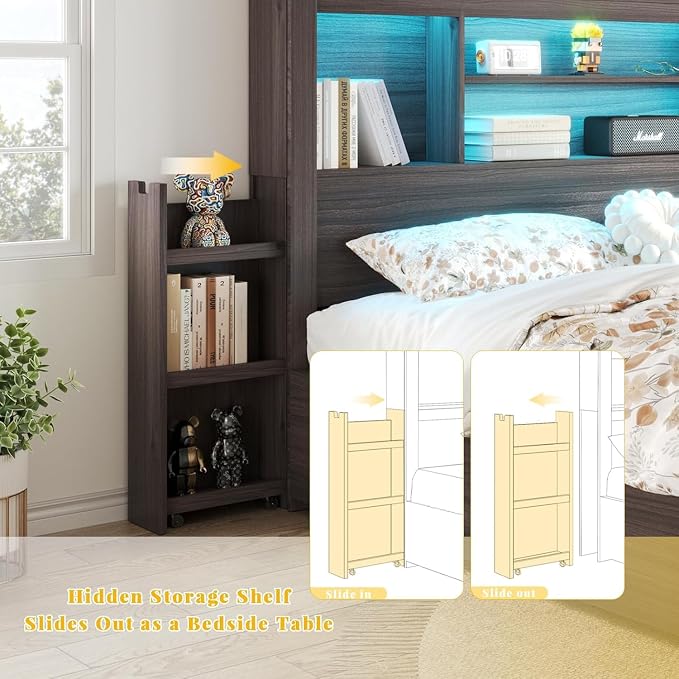 LUXOAK California King Bed Frame with Storage, Bookcase Headboard,Black | 49.6" Headboard, Wood Platform Bed, Charging Station, Bedside Storage, 4 Storage Drawers, No Box Spring Needed, Farmhouse