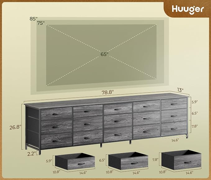 Huuger 78.7 inch Long Dresser for Bedroom, 15 Drawer Fabric Dresser for Closet, Large TV Stand for 65, 75, 85 inch TV, Wide Chest of Drawer with Storage, 78.7" W x 12.9" D x 26.7" H, Grey