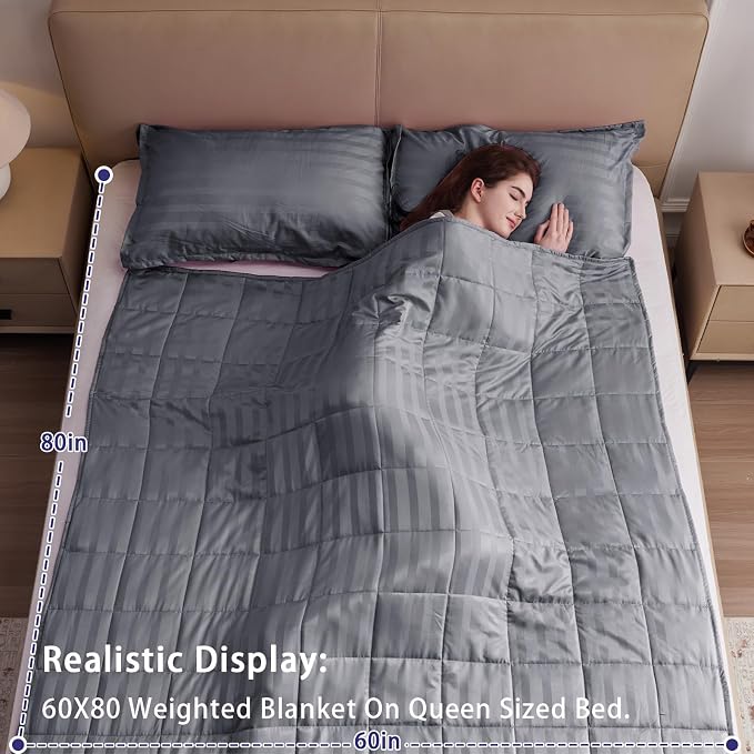 yescool Weighted Blanket for Adults (12 lbs, 60" x 80", Satin Grey Stripes) Heavy Blanket for Sleeping Perfect for 110-130 lbs, Queen Size Breathable Blanket with Premium Glass Bead