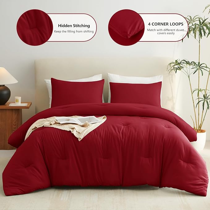 Queen Comforter Set, 3 Pieces Down Alternative Bedding, Dark Red | 270 GSM All Season Comforter with 4 Corner Ties for Use as a Duvet Insert, OEKO-TEX Certified, 2 Pillowcases, 88 x 88 in