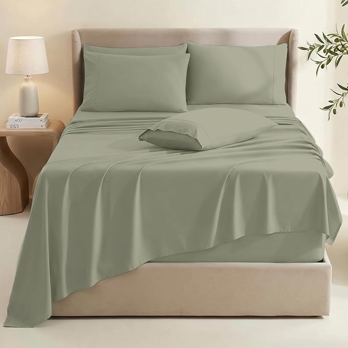 Hearth & Harbor Extra Deep Pocket King Size Sets - Fits Mattress 18-24 Inches Deep - Extra Deep Pocket Sheets - 6 Piece King Size - Sage