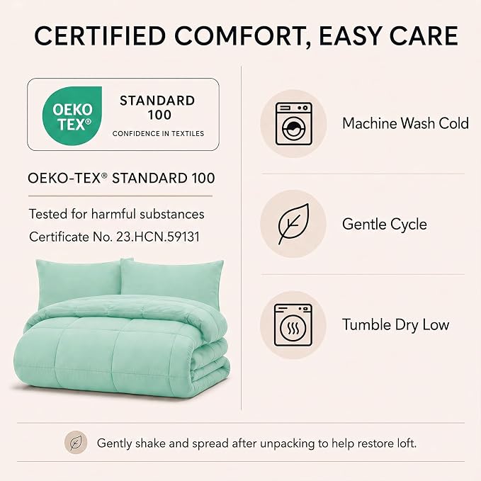 Full Size Comforter Sets Mint Green - 7 Pieces Bed in a Bag | OEKO-TEX Certified, All-Season, Bedroom, Guest Room, Down-Alternative Comforter + Flat & Fitted Sheets + 4 Pillowcases