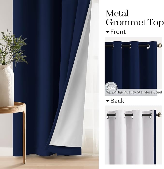 COSVIYA Navy Blue 100% Blackout Curtains for Bedroom with White Back | 2 Thick Layers Full Room Darkening Thermal Insulated Curtain,Grommet Window Drapes for Living Room, 52x72 Inch, 2 Panels