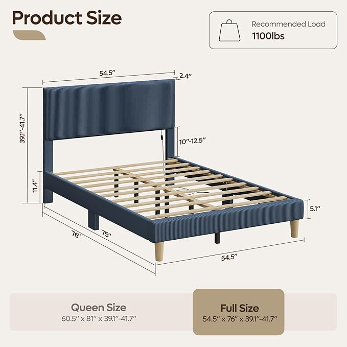 Bestier Full Bed Frame with Adjustable Headboard,LED Light,Blue | Vertical Channel Corduroy Upholstered,Easy Assembly,LED Lighting Headboard,No Squeaks,Wood Slats Support,No Box Spring Needed