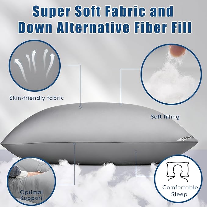 Piwaal Standard Size Pillows 4 Pack Gray, Soft Firm Support for Sleepers | Set of 4 gray standard pillows with down-alternative fill. Soft yet supportive for back, stomach, or side sleepers.