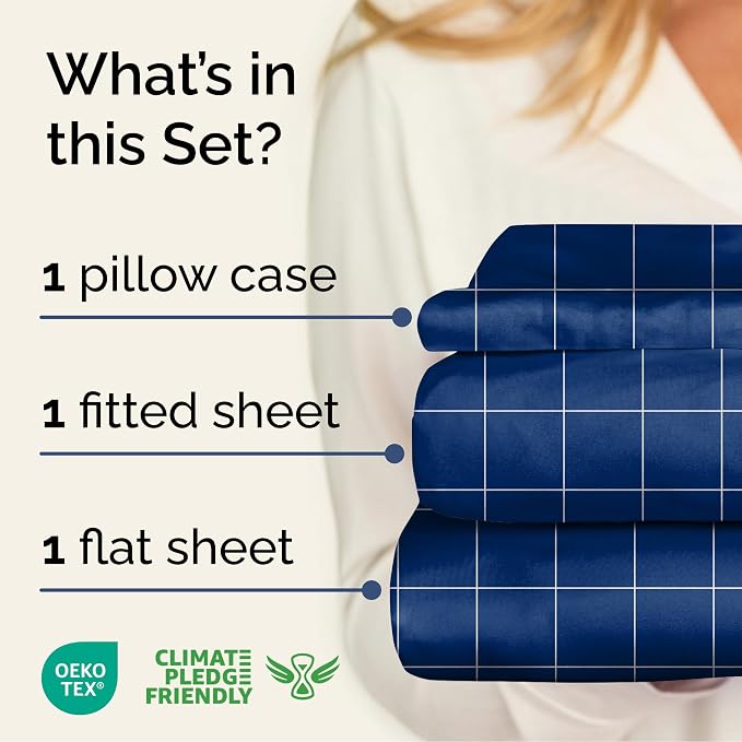 Twin 3 Piece Striped Sheet Set - Soft, Breathable & Cooling - Blue Grid | 1 Flat, 1 Fitted & 1 Pillowcase w/ Deep Pockets, Luxury Striped Bedding, Soft, Breathable & Cooling, Wrinkle & Fade Free