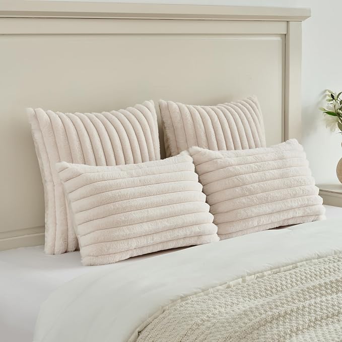 FUTEI Pack of 2 Faux Fur Throw Pillow Covers 16x16 Inch, Light Beige | Fluffy Faux Rabbit Fur Front/Premium Velvet Back,Hidden Zipper,Machine Washable,Non-Shedding,Colorfast,Insert Not Included.