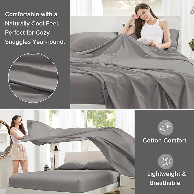 Comfort Spaces 100% Cotton Percale Sheets Cal King Size 4 Pcs, Dark Gray | Crisp, Cool & Breathable Bed Sheets, 14" Deep Pocket Fits Up to 16" Mattress, Lightweight, All Season Cozy, with Pillow Case