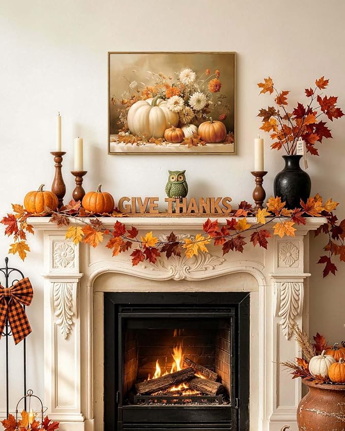 Vintage Thanksgiving Canvas Print White Orange Pumpkins Autumn Floral Leaves, Rustic Framed Fall Pumpkin Flower Still Life Wall Art 16x20, Harvest Farmhouse Kitchen Entryway Decor