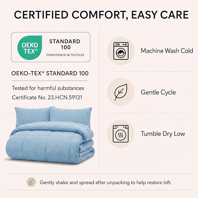 Oversized Queen Comforter Set Baby Blue - 7 Pieces Bed in a Bag | OEKO-TEX Certified, All-Season, Bedroom, Guest Room, Down-Alternative Comforter + Flat & Fitted Sheets + 4 Pillowcases