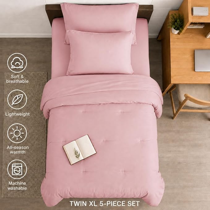 HIMEET Twin XL Comforter Set, 5-Piece Point-Quilted Bed in a Bag, Pink | OEKO-TEX Certified, Lightweight 240 GSM Comforter, Flat Sheet, 14-Inch Deep-Pocket Fitted Sheet, Pillowcase & Sham