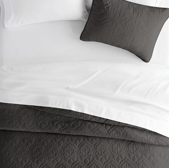 Merit Linens Classic Quilt Coverlet Soft Set in Damask Stitching - Twin/TwinXL Gray