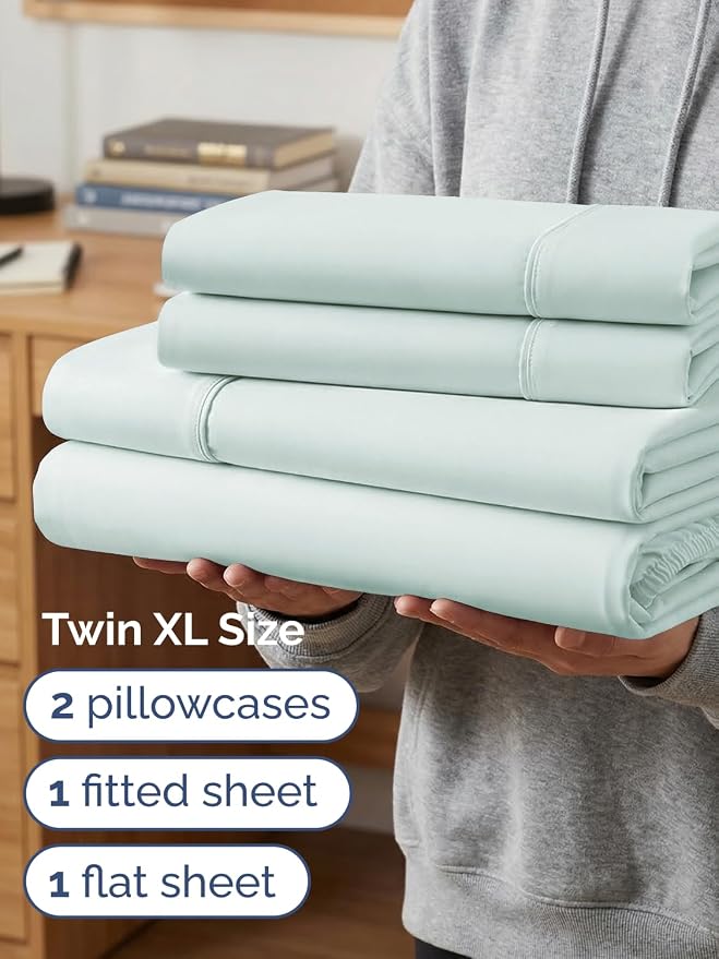 Extra Deep Twin XL Sheet Set - 4 Piece College Dorm Room - Ice Blue | College Dorm Room Essentials, Easy & Secure Fit, Ultra-Soft, Wrinkle & Fade Free, Comfy Sheets Set with Extra Deep Pockets