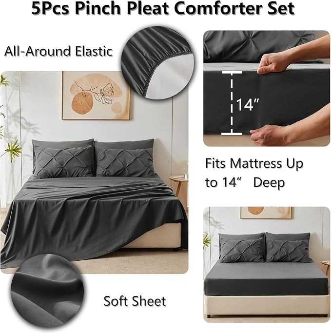 Twin XL Comforter Set Dark Grey, 5 Pieces Pintuck Bed in a Bag | College Dorm Essentials, OEKO-TEX 100 Certified, 240GSM All Season, Down-Alternative Comforter, Sheets, Pillowcase & Sham