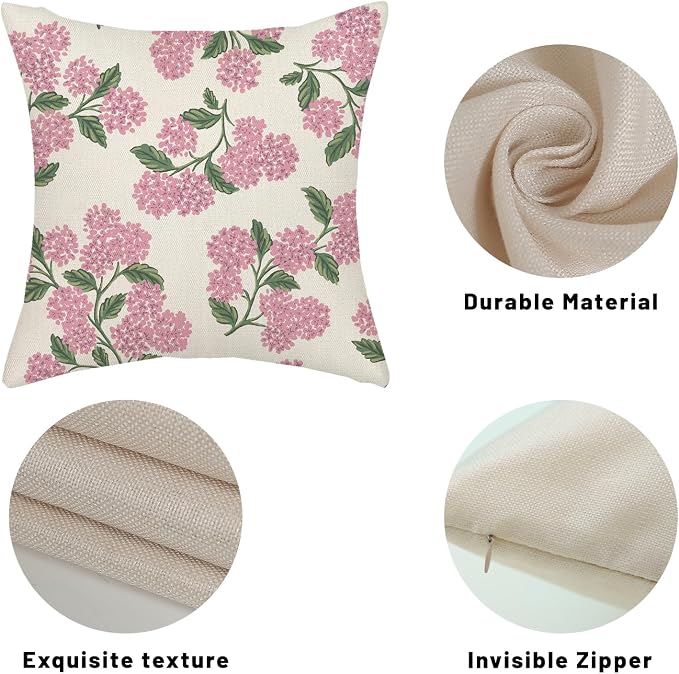 Preppy Pink Spring Pillow Covers 18x18 Inch 2 Pcs Green Hydrangea Flower Decor Throw Pillows Vintage Floral Seasonal Summer Outdoor Decoration Pillowcase Linen Cushion Cover for Couch Sofa