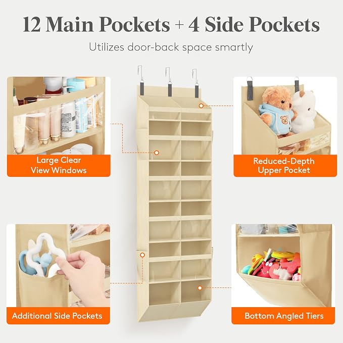 Lifewit 1 Pack Over the Door Organizer, 12 Section Clear Window Hanging Storage with 4 Side Pockets, Sturdy Anti Tilt 40 lbs Load Behind Door for Closet, Bedroom, Bathroom, Nursery, Dorm, Beige