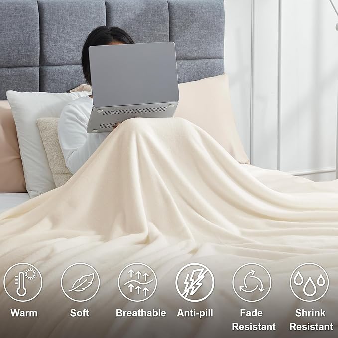 Hansleep Throw Beige Fleece Blanket, Soft Flannel Bed Blanket | Fuzzy Cozy Blanket 50x60 Inches, Multi-use for Bed, Sofa, Couch, Travel, Camping, All Season Warm Lightweight Cover
