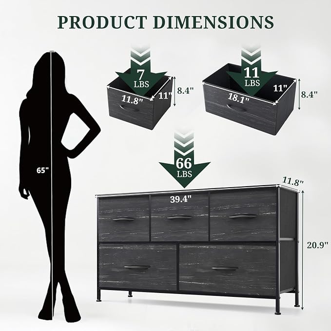 5-Drawer Dresser for Bedroom, Anti-Tip Wide Storage Organizer Fabric | Chest of Drawers TV Stand for 45" TV with Wooden Top Metal Frame for Closet, Living Room, Hallway, Entryway, Charcoal Black