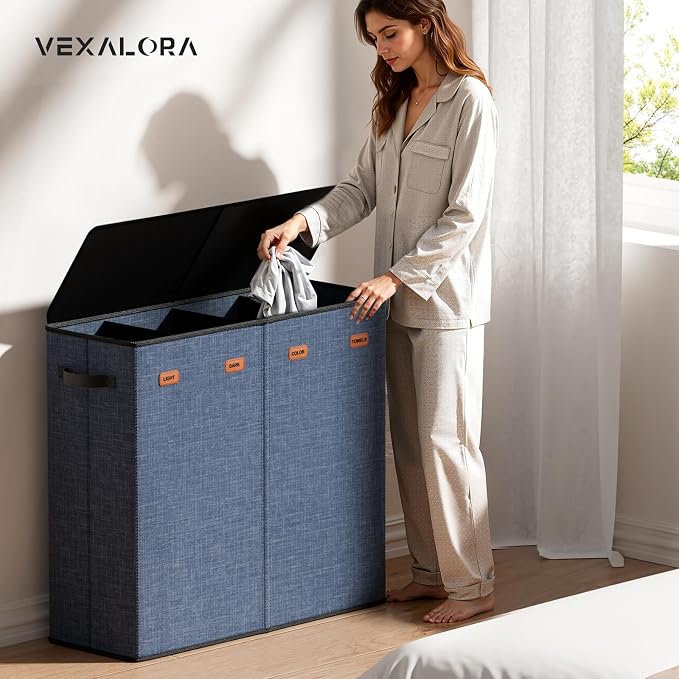 Laundry Hamper 4-Section with Lid, 185L Laundry Sorter with 4 Removable Bags + 1 Extra Large Bag, Switchable 3/4 Compartment, Laundry Basket Organizer for Bedroom, Laundry Room，Navy Bule
