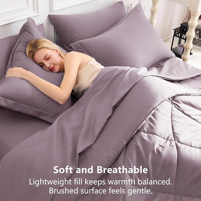 Oversized Queen Comforter Set Dusty Purple - 7 Pieces Bed in a Bag | OEKO-TEX Certified, All Season, 240GSM Down-Alternative Comforter, Sheets, Pillowcases & Shams, 14" Deep Pocket, Easy Care