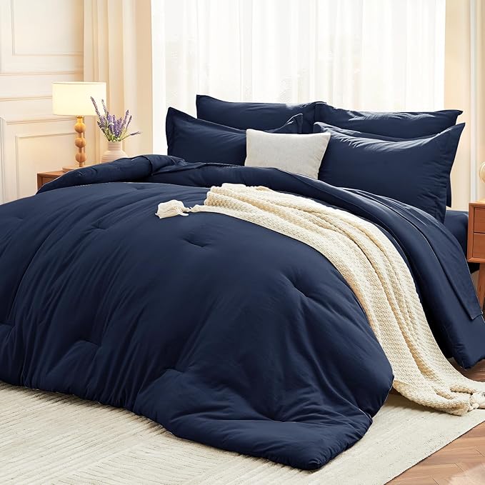 7 Pieces Queen Comforter Set, Soft Bed in a Bag Queen Size, All Season Bedding Set with Comforter, Flat Sheet, Fitted Sheet, Pillowcases & Shams, Navy Blue