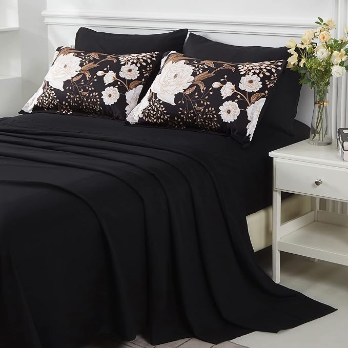 Yogeneg 7 Piece Bed in a Bag Full Size Comforter Set Botanical Floral Bedding Set,White Flower Leaves Printed on Black Reversible Design,Soft Microfiber Comforter with Sheet Set,All Season(Black,Full)