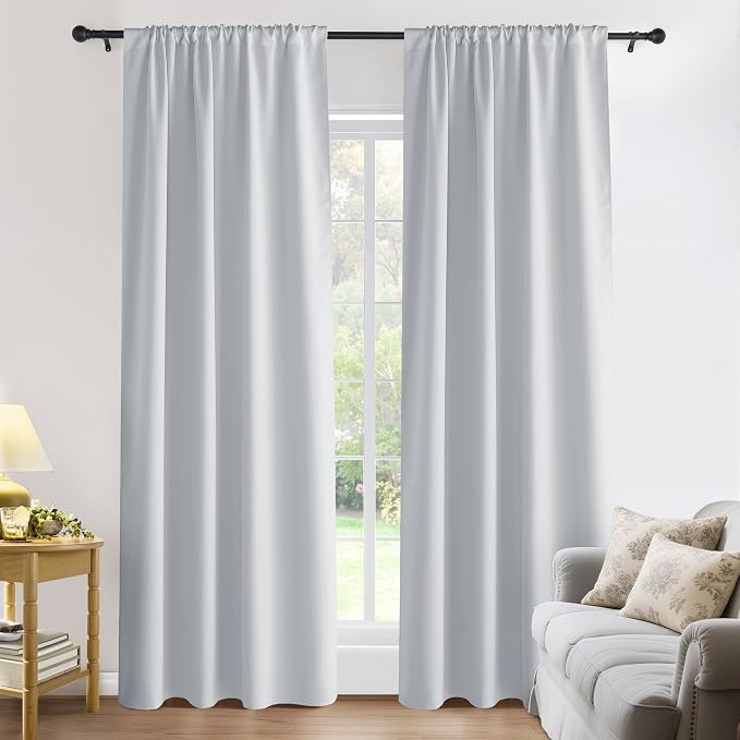 PONY DANCE Rod Pocket White Curtains - Window Curtain Draperies Rod Pocket Thermal Insulated Room Darkening Drapes for Dining Room, 52 Wide x 84-Inches Long, Greyish White, 2 Pieces