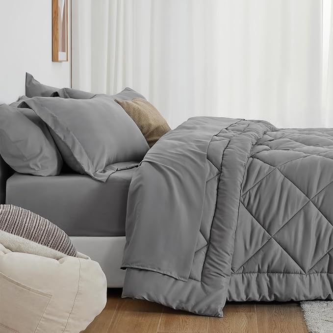 Love's cabin Oversized Queen Comforter Set, 7 Pieces Bed in a Bag, All Season Bedding Sets with 1 Comforter, 1 Flat Sheet, 1 Fitted Sheet, 2 Pillowcase and 2 Pillow Sham, Dark Grey