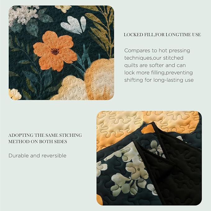 Andency Quilt King Size, Green Floral Boho Summer Bedspread 3 Pieces | Golden Flower Botanical Summer Bedspreads with 2 Shams, Reversible Polyester Coverlet Set for All Seasons, 106"x96"