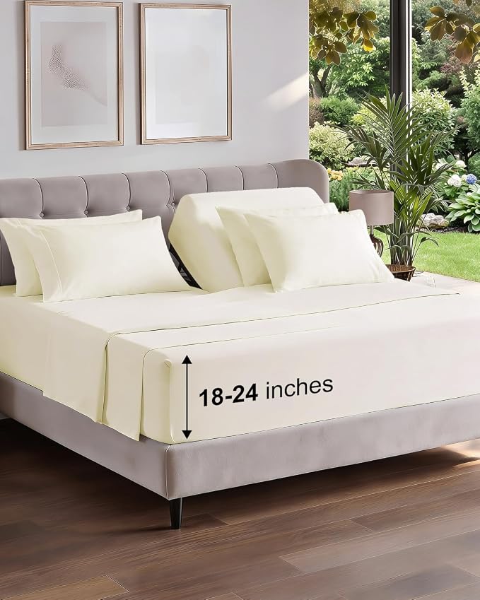 Extra Deep Flex Top Split Head King Sheet Set - 6 Piece Breathable and Cooling Sheets - Hotel Luxury Bedding for Women, Men, Kids & Teens - Easy Secure Fit - Extra Deep Pockets - Off White