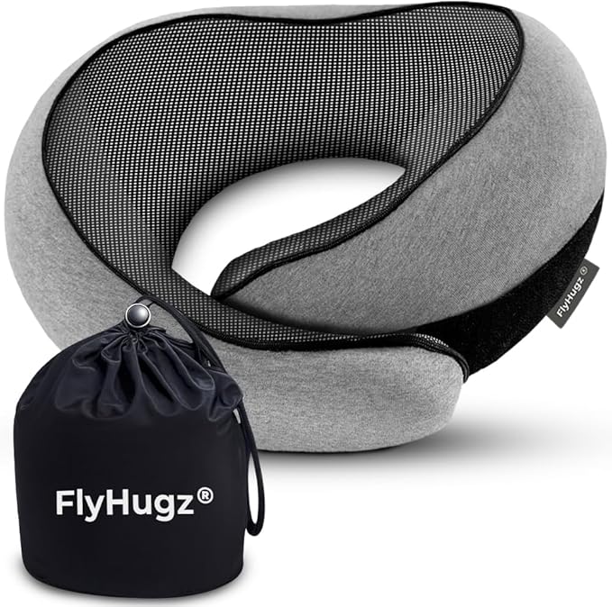 FlyHugz® Neck Travel Pillow Memory Foam Neck Pillow for Comfort on Airplane Compact and Ergonomic Design for Travel, Car Rides, and Home Use Ideal for Adults and Kids.