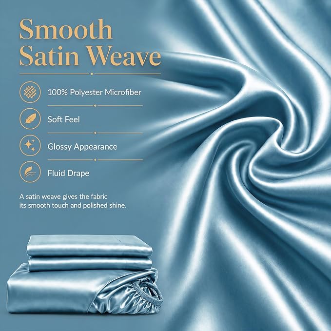 CozyLux Satin Sheets Queen, 4-Piece 14-Inch Deep Pocket Sheet Set | OEKO-TEX Certified Silky Soft Sheet Set for Hair & Skin, Luxurious Silky-Smooth Satin for Elegant Bedroom Decor, Sky Blue