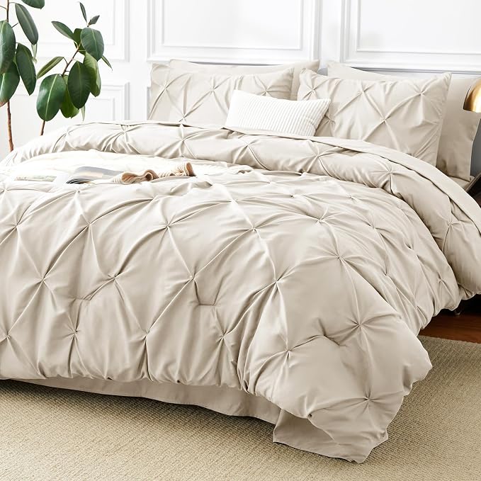 HIMEET Twin XL Comforter Set Beige - 5 Pieces Pintuck Bed in a Bag | OEKO-TEX Certified, 240GSM Down Alternative Comforter, 14" Deep Pocket Fitted Sheet + Flat Sheet + 1 Pillowcase + 1 Sham