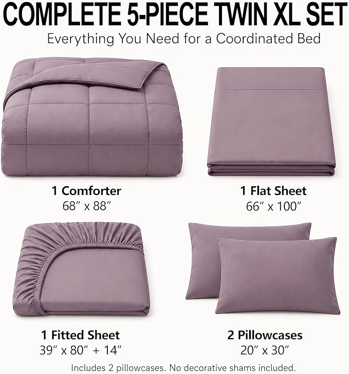 Twin XL Comforter Set Dusty Purple - 5 Pieces Twin XL Bed in a Bag | College Dorm Essentials, OEKO-TEX Certified, All Season, Down-Alternative Comforter + Flat & Fitted Sheets + 2 Pillowcases