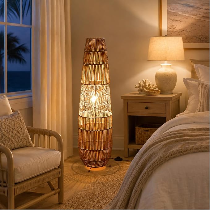 Hand Woven Rattan Floor Lamp,Boho Standing Lamps for Living Room | Handcrafted Wicker Shade,No Assembly Required,Unique Shadow Effects,Foot Switch Control,36 Inch Tall,3 Color Temperature