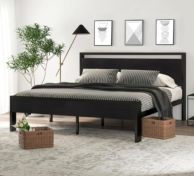 SHA CERLIN 14 Inch King Size Metal Platform Bed Frame with Wooden Headboard and Footboard, Mattress Foundation, No Box Spring Needed, Large Under Bed Storage,Black Oak