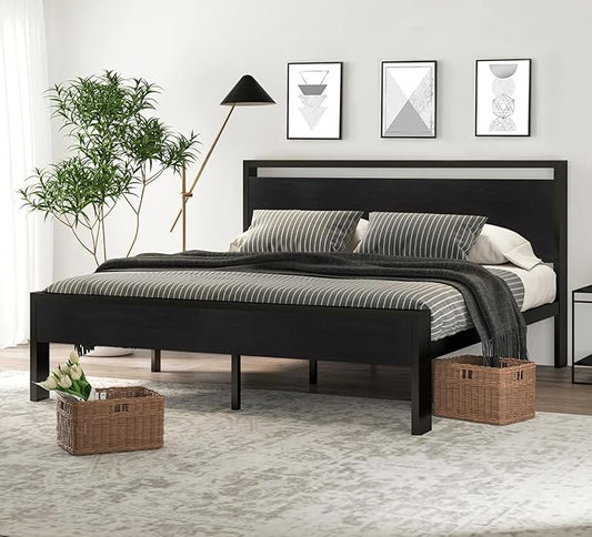 SHA CERLIN 14 Inch King Size Metal Platform Bed Frame with Wooden Headboard and Footboard, Mattress Foundation, No Box Spring Needed, Large Under Bed Storage,Black Oak