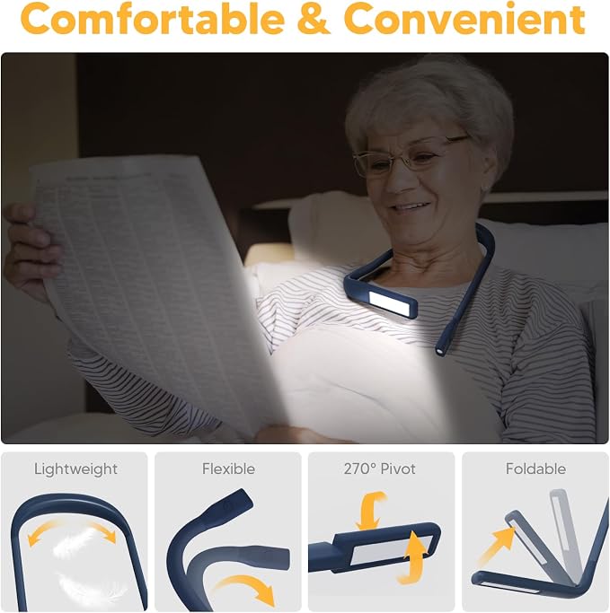 Neck Book Light, 3 Color Stepless Dimming Reading Light for Bed | 80H Rechargeable Neck Lamp for Reading Camping Working, Travel Use, Book Club Gifts for Readers, Christmas Birthday Gifts