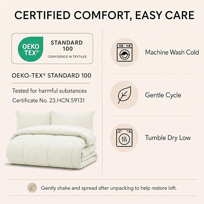 King Size Comforter Set Ivory - 7 Pieces Bed in a Bag | OEKO-TEX Certified, All-Season, Bedroom, Guest Room, Down-Alternative Comforter + Flat & Fitted Sheets + 4 Pillowcases