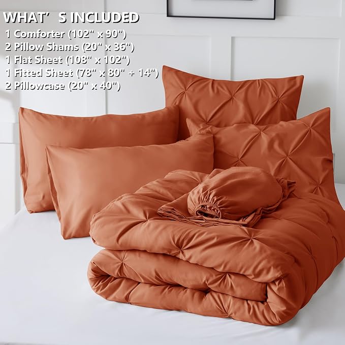 HIMEET King Size Comforter Set Burnt Orange - 7 Pieces Pintuck Bed in a Bag | OEKO-TEX Certified, 240GSM Down Alternative Comforter, 14" Deep Pocket Fitted Sheet + Flat Sheet + 2 Pillowcases + 2 Shams
