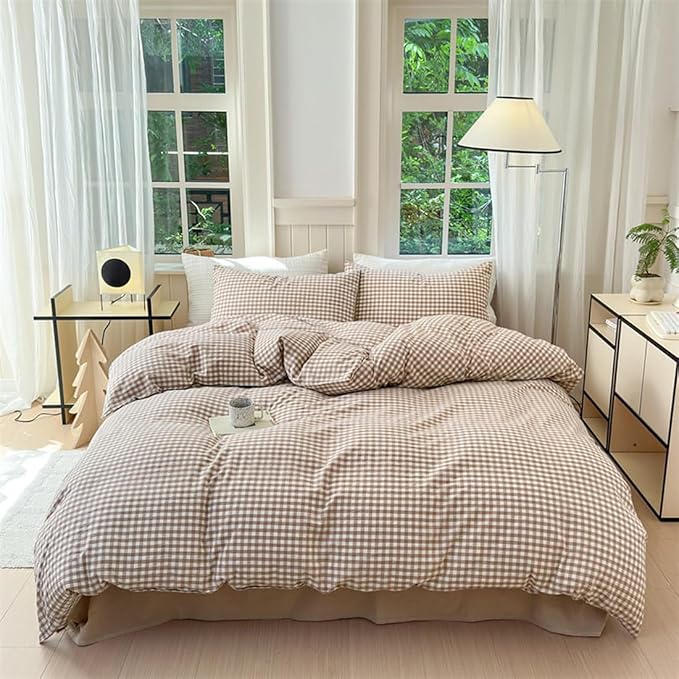 Nayoroom Brown Gingham Duvet Cover Set Twin Tan Plaid Checkered Bedding | Modern Farmhouse Cottage, Dorm Bedding, Soft Breathable Washed Microfiber, All-Season Comfort, Hidden Zipper, 4 Corner Ties
