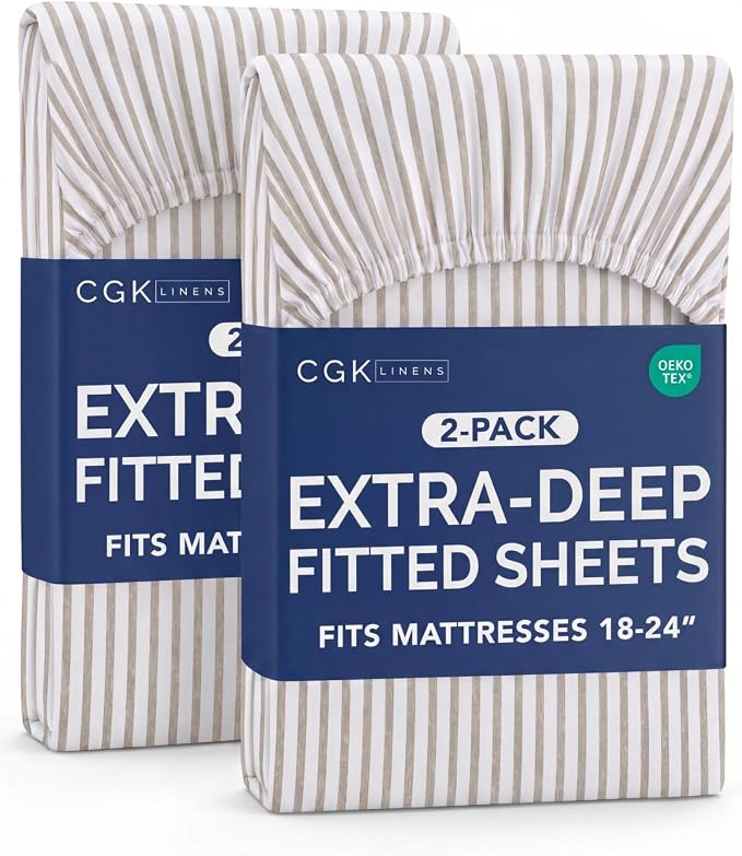 2 Pack Extra Deep Full Fitted Sheets with Deep Pockets - Beige Stripes | Hotel Luxury Bottom Fitted Sheets Only, Soft, Fade & Wrinkle Free, Breathable & Comfy, All Around Elastic Fitted Sheets