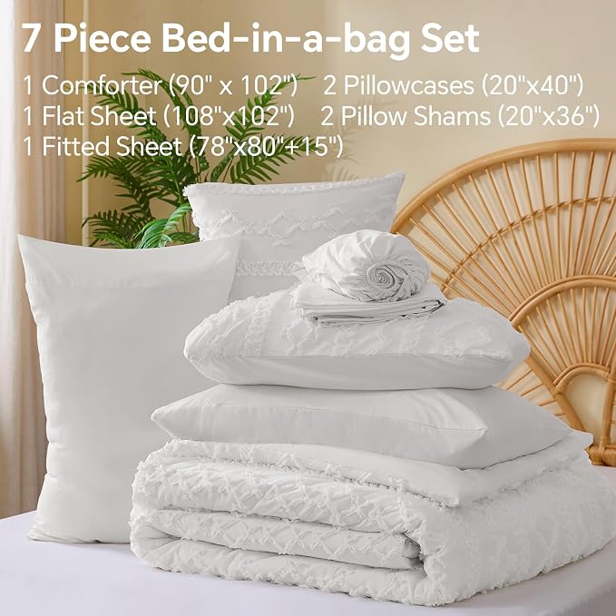 BEDELITE King Comforter Set 7 Pieces,Boho Bed in a Bag,White | Tufted Bed Set for All Seasons,Soft Farmhouse-Style Embroidery Bedding,Includes Flat & Fitted Sheets,2 Pillowcases & 2 Shams