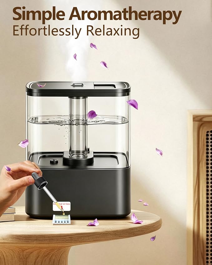 KZF 4L Top Fill Humidifiers for Bedroom & 40H Runtime - Cool Mist Humidifier, 3 Mist Levels, 8H Timer, Essential Oil Tray, Humidity Display, Quiet for Baby, Plants, Large Room (Black, 4L)