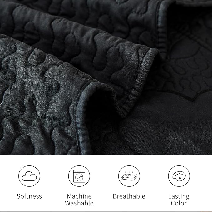 Cmfshape Floral Embroidery Quilt Set,3 Pieces Queen Quilt Bedding Set,Classic Diamond Pattern Quilts,Ultra Soft Lightweight Reversible Bedspread Coverlets for All Season(Black,90"x90")