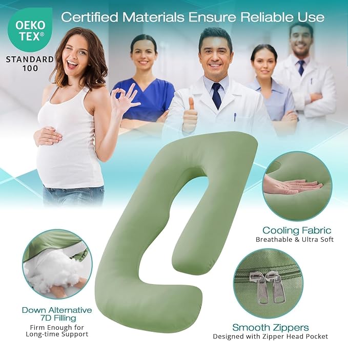 Cooling Pregnancy Pillows for Sleeping, 65'' Full Body Pillow, Green | Sasttie Maternity Pillow, OEKO-TEX, Down Alternative, Removable Cover, Pregnant Women Must Haves, Maternity Essential